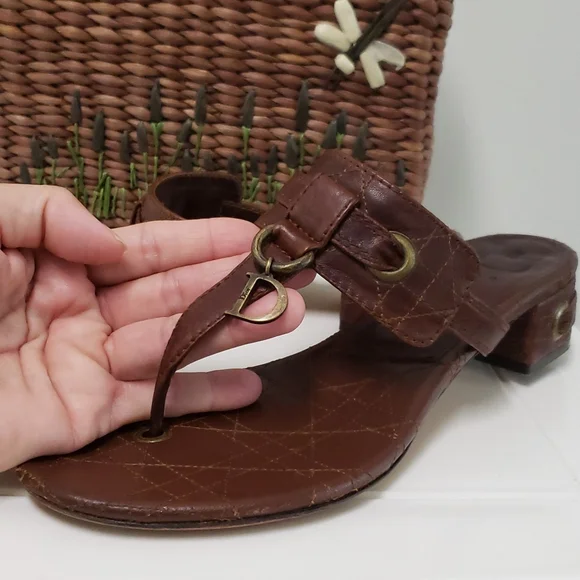 Christian Dior Brown Leather Cannage Block Heel Sandals Size 40